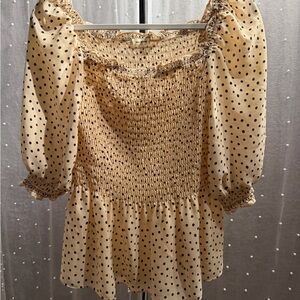 Max Studio Cream Polka Dot Smocked Puff Sleeve Blouse